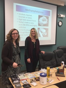 Laura Nydam (R)  Laura Nydam, L.I.S.W., C.A.D.C., M.S.W., a therapist at the Center, teaches as class for therapists to better understand the impact of addiction, "Understanding Substance Abuse 101." Also pictured here, Andrea Severson, a graduate student conducing her practicum at the Center.