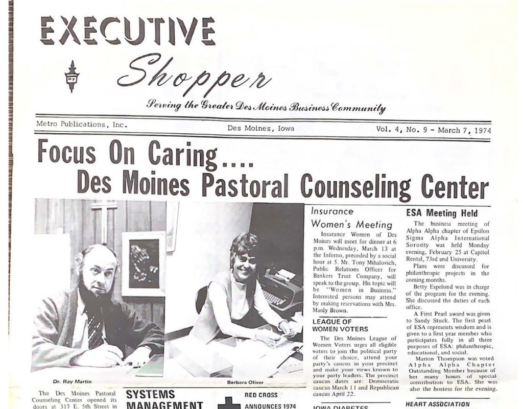 March 1974 newspaper article on the new Des Moines Pastoral Counseling Center